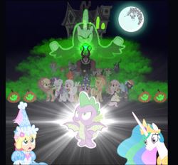 Size: 1315x1218 | Tagged: safe, artist:boogeyboy1, imported from derpibooru, applejack, flam, flim, fluttershy, iron will, lightning dust, lord tirek, megan williams, pinkie pie, princess celestia, queen chrysalis, rainbow dash, rarity, spike, sunset shimmer, twilight sparkle, dragon, human, mermaid, season 6, animal costume, applelion, brothers, chicken suit, clothes, costume, flim flam brothers, flutterbat costume, halloween, halloween costume, haunted house, holiday, mane six, mermarity, poster, princess, scary, shadowbolt dash, shocked, siblings, spooky, star swirl the bearded costume, surprised, winged spike, wings