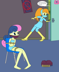 Size: 2230x2690 | Tagged: safe, artist:author92, imported from derpibooru, bon bon, sweetie drops, oc, oc:joule, human, equestria girls, angry, bikini, bon bon is not amused, bondage, bound and gagged, brightly colored ninjas, chair, cloth gag, clothes, gag, glare, ninja, rope, rope bondage, ropes, sneaking, speech bubble, swimsuit, tied to chair, tied up, unamused