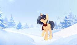 Size: 2500x1474 | Tagged: safe, artist:kutoshi, imported from derpibooru, oc, oc only, pony, unicorn, chest fluff, clothes, ear fluff, female, forest background, mare, scarf, snow, solo, winter