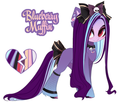 Size: 4802x4000 | Tagged: safe, artist:xsatanielx, imported from derpibooru, oc, oc only, oc:blueberry muffin, pony, bow, clothes, collar, female, hair bow, long mane, mare, piercing, rcf community, reference, simple background, solo, stockings, thigh highs, white background