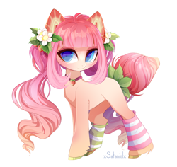 Size: 2210x2082 | Tagged: safe, artist:xsatanielx, imported from derpibooru, oc, oc only, oc:strawberry kiss, pony, blue eyes, clothes, female, flower, flower in hair, food, high res, mare, rcf community, simple background, solo, stockings, strawberry, thigh highs, white background