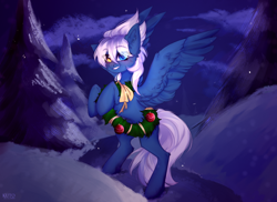 Size: 1854x1348 | Tagged: safe, artist:kutoshi, imported from derpibooru, oc, oc only, pegasus, pony, christmas wreath, female, heterochromia, mare, snow, solo, wreath