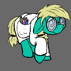 Size: 600x600 | Tagged: safe, artist:thebathwaterhero, imported from derpibooru, oc, oc:crystal lattice, earth pony, pony, cyoa:landfall, clothes, ears back, floppy ears, glasses, gray background, lab coat, potion, scrunchie, simple background, solo, swirly eyes, swirly glasses