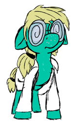Size: 419x662 | Tagged: safe, artist:thebathwaterhero, imported from derpibooru, oc, oc:crystal lattice, earth pony, pony, cyoa:landfall, chest fluff, clothes, floppy ears, glasses, lab coat, scrunchie, simple background, solo, swirly glasses, white background