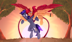 Size: 4000x2316 | Tagged: safe, artist:kutoshi, imported from derpibooru, oc, earth pony, pegasus, pony, carrying, duo, glasses, sun, tree