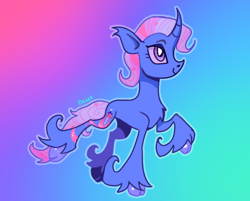 Size: 640x514 | Tagged: safe, artist:licketydoodlez, imported from derpibooru, trixie, pony, unicorn, abstract background, alternate design, curved horn, female, horn, mare, solo, tail, unshorn fetlocks