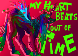 Size: 1000x729 | Tagged: safe, artist:katamarif0rever, imported from derpibooru, queen chrysalis, changeling, changeling queen, abstract background, color porn, female, glowing, glowing eyes, gradient background, horn, looking at you, solo, song reference, tail, teeth, text, wings