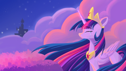 Size: 1080x607 | Tagged: safe, artist:rily, imported from derpibooru, twilight sparkle, alicorn, pony, the last problem, cloud, crying, female, g4, mare, missing cutie mark, night, older, older twilight, princess twilight 2.0, sad, slim, solo, twilight sparkle (alicorn), twilight's castle