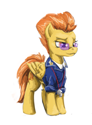 Size: 735x1000 | Tagged: safe, artist:da-exile, imported from derpibooru, spitfire, pony, clothes, dress uniform, simple background, solo, sunglasses, uniform, whistle, white background, wonderbolts dress uniform, wonderbolts uniform