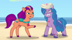Size: 720x404 | Tagged: safe, edit, edited screencap, imported from derpibooru, screencap, izzy moonbow, sunny starscout, earth pony, pony, unicorn, spoiler:g5, spoiler:my little pony: tell your tale, spoiler:tyts01e18, animated, ball, beach, duo, duo female, duplication, female, fixing, g5, gif, horn, horn impalement, izzy impaling things, magic, mare, my little pony: tell your tale, on your cutie marks, puffy cheeks, slowed down, sports, telekinesis, volleyball