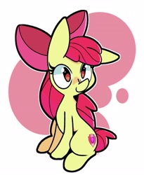 Size: 2500x3056 | Tagged: safe, artist:kindakismet, imported from derpibooru, apple bloom, earth pony, pony, apple bloom's bow, bow, female, filly, floppy ears, foal, hair bow, one ear down, simple background, sitting, solo, white background