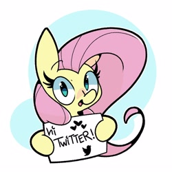 Size: 2500x2500 | Tagged: safe, artist:kindakismet, imported from derpibooru, fluttershy, pony, female, heart, hoof hold, looking at you, mare, meta, open mouth, simple background, solo, text, twitter, white background