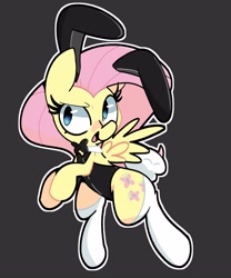 Size: 2500x3000 | Tagged: safe, artist:kindakismet, imported from derpibooru, fluttershy, pegasus, pony, black background, bowtie, bunny ears, bunny suit, bunny tail, bunnyshy, clothes, female, flying, mare, open mouth, outline, simple background, solo, spread wings, tail, wings