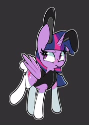 Size: 2500x3500 | Tagged: safe, artist:kindakismet, imported from derpibooru, twilight sparkle, alicorn, pony, black background, bunny ears, bunny suit, bunny tail, clothes, female, horn, mare, outline, raised leg, simple background, solo, tail, twilight sparkle (alicorn), wings