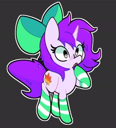 Size: 1862x2048 | Tagged: safe, artist:kindakismet, imported from derpibooru, oc, oc only, oc:mable syrup, pony, unicorn, :o, black background, bow, clothes, commission, female, hair bow, horn, mare, open mouth, outline, raised hoof, simple background, socks, solo, striped socks