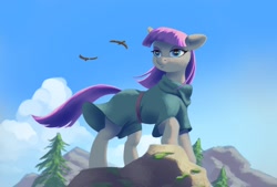 Size: 1620x1094 | Tagged: safe, artist:escapist, imported from derpibooru, maud pie, bird, earth pony, pony, clothes, dress, eyeshadow, female, floppy ears, makeup, mare, raised hoof, rock, solo