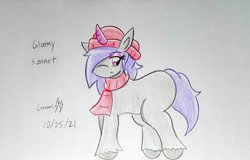 Size: 1116x716 | Tagged: safe, artist:gmangamer25, imported from derpibooru, pony, unicorn, background pony, beret, clothes, cute, female, g5, hair over one eye, hat, horn, mare, my little pony: a new generation, one eye covered, onyx, scarf