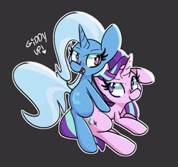 Size: 2500x2344 | Tagged: safe, artist:kindakismet, imported from derpibooru, starlight glimmer, trixie, pony, unicorn, black background, duo, duo female, exclamation point, female, giddy up, heart, horn, looking at someone, looking up, mare, open mouth, outline, simple background