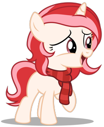 Size: 2670x3270 | Tagged: safe, artist:strategypony, imported from derpibooru, oc, oc only, oc:red palette, pony, unicorn, clothes, female, filly, foal, high res, open mouth, raised hoof, scarf, simple background, smiling, solo, striped scarf, transparent background