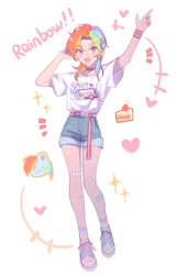 Size: 781x1209 | Tagged: safe, artist:xieyanbbb, imported from derpibooru, applejack, fluttershy, pinkie pie, rainbow dash, rarity, twilight sparkle, human, pony, cake, clothes, cute, food, heart, humanized, nintendo switch, shirt, shoes, shorts