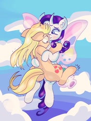 Size: 768x1024 | Tagged: safe, artist:reyam, imported from derpibooru, applejack, rarity, earth pony, pony, unicorn, sonic rainboom (episode), butterfly wings, cloud, duo, duo female, female, hatless, horn, hug, looking at someone, looking down, mare, missing accessory, scared, shaking, shrunken pupils, sky, traditional art, wings