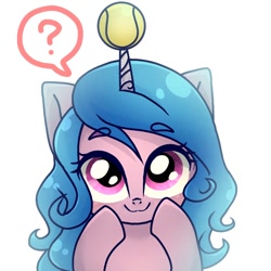 Size: 968x968 | Tagged: safe, artist:namaenonaipony, imported from derpibooru, izzy moonbow, pony, unicorn, ball, cute, daaaaaaaaaaaw, eye clipping through hair, eyebrows, eyebrows visible through hair, female, g5, horn, hornball, izzy's tennis ball, izzybetes, looking at you, mare, question mark, simple background, smiling, smiling at you, solo, speech bubble, tennis ball, weapons-grade cute, white background