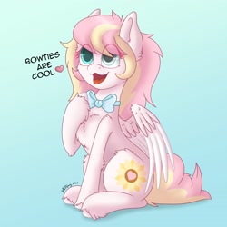Size: 2800x2800 | Tagged: safe, artist:zackwhitefang, imported from derpibooru, oc, oc only, oc:ninny, pegasus, pony, bowtie, chest fluff, cute, dialogue, digital art, eye clipping through hair, female, heart, mare, open mouth, pegasus oc, simple background, sitting, solo, spread wings, tail, talking, text, unshorn fetlocks, wings