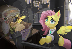 Size: 1961x1348 | Tagged: safe, artist:hornmlp, imported from derpibooru, fluttershy, butterfly, pegasus, pony, spider, abandoned, book, broken window, chandelier, chest, clothes, ear fluff, female, fluttergoth, food chain, indoors, lamp, looking at something, looking up, mare, missing cutie mark, open mouth, rules of nature, solo, spider web, spread wings, three quarter view, vase, window, wings