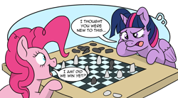 Size: 2594x1437 | Tagged: safe, artist:doodledonutart, imported from derpibooru, pinkie pie, twilight sparkle, alicorn, earth pony, pony, atg 2022, chess, comic, dialogue, duo, female, horn, mare, newbie artist training grounds, open mouth, open smile, smiling, twilight sparkle (alicorn)