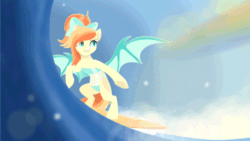 Size: 640x360 | Tagged: safe, artist:rumista, imported from derpibooru, oc, oc only, oc:sunshine drift, bat pony, pony, animated, bat pony oc, bat wings, beach, bipedal, blinking, bow, clothes, commission, female, fun in the sun, gif, grin, gris swimsuit, hair bow, mare, one-piece swimsuit, rainbow, see-through, smiling, solo, spread wings, summer, surfboard, surfing, swimsuit, water, wave, wings, ych result