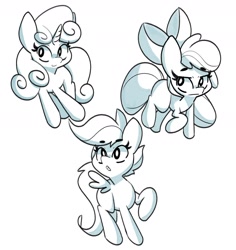Size: 1700x1800 | Tagged: safe, artist:kindakismet, imported from derpibooru, apple bloom, scootaloo, sweetie belle, earth pony, pegasus, pony, unicorn, apple bloom's bow, bow, cutie mark crusaders, female, grayscale, hair bow, horn, monochrome, open mouth, raised hoof, simple background, sketch, trio, trio female, white background, wings
