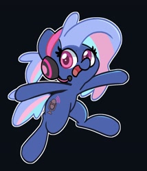 Size: 2500x2917 | Tagged: safe, artist:kindakismet, imported from derpibooru, oc, oc only, oc:bit rate, earth pony, pony, black background, female, headphones, headset, headset mic, looking at you, mare, open mouth, open smile, outline, simple background, smiling, smiling at you, solo