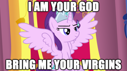 Size: 4049x2282 | Tagged: safe, artist:mrvector, derpibooru exclusive, imported from derpibooru, starlight glimmer, alicorn, pony, .mov, alicornified, caption, crown, high res, hotdiggedydemon, i am your god now bring me your virgins, image macro, jewelry, link in description, meme, pony.mov, race swap, regalia, smug, smuglight glimmer, solo, spread wings, starlicorn, text, vector, wings, xk-class end-of-the-world scenario, youtube link, youtube link in the description