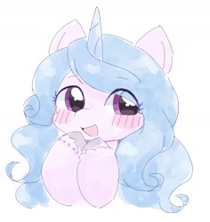 Size: 1576x1671 | Tagged: safe, artist:ginmaruxx, imported from derpibooru, izzy moonbow, pony, unicorn, blushing, bracelet, cute, doodle, eye clipping through hair, female, g5, horn, izzybetes, jewelry, looking at you, mare, open mouth, open smile, simple background, smiling, smiling at you, solo, white background