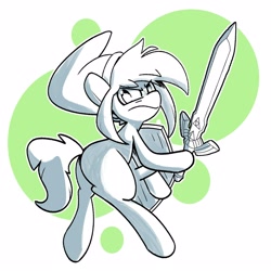 Size: 2500x2500 | Tagged: safe, artist:kindakismet, imported from derpibooru, pony, angry, butt, hat, hoof hold, link, looking at you, looking back, looking back at you, master sword, plot, shield, simple background, sword, the legend of zelda, weapon, white background