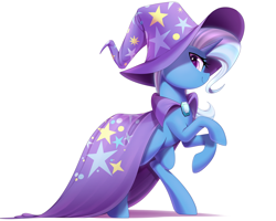 Size: 2500x2000 | Tagged: safe, artist:thebatfang, imported from derpibooru, trixie, pony, unicorn, brooch, cape, clothes, female, hat, high res, horn, jewelry, looking at you, mare, rearing, simple background, smiling, solo, standing on two hooves, trixie's brooch, trixie's cape, trixie's hat, white background