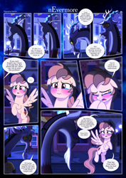 Size: 3259x4607 | Tagged: safe, artist:estories, imported from derpibooru, discord, oc, oc:alice goldenfeather, draconequus, pegasus, pony, comic:nevermore, blushing, comic, crying, female, male, mare, pegasus oc, shipping fuel, speech bubble, wings