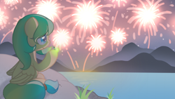 Size: 1200x675 | Tagged: safe, artist:featherfall, imported from derpibooru, oc, oc only, oc:firefly glimmer, firefly (insect), insect, pegasus, cute, female, fireworks, grass, lake, looking at something, mare, mountain, pegasus oc, smiling, solo, water