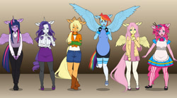 Size: 1280x712 | Tagged: safe, artist:heyhowisgowing, imported from derpibooru, applejack, fluttershy, pinkie pie, rainbow dash, rarity, twilight sparkle, alicorn, anthro, earth pony, pegasus, unicorn, belt, boots, clothes, cowboy boots, cowboy hat, denim, glasses, gloves, hat, horn, jacket, kisekae, mane six, pants, shirt, shoes, shorts, simple background, skirt, socks, twilight sparkle (alicorn), vest, wings