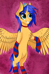 Size: 2000x3000 | Tagged: safe, artist:stravy_vox, imported from derpibooru, oc, oc only, alicorn, pony, alicorn oc, clothes, crown, horn, jewelry, male, regalia, socks, solo, striped socks, wings
