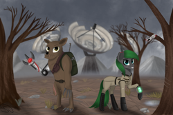 Size: 3000x2000 | Tagged: safe, artist:stravy_vox, imported from derpibooru, oc, oc only, diamond dog, earth pony, pony, fallout equestria, amputee, clothes, duo, jumpsuit, pipbuck, prosthetic limb, prosthetics, satellite dish, torn ear, tree