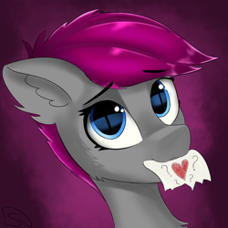 Size: 3000x3000 | Tagged: safe, artist:stravy_vox, imported from derpibooru, oc, oc only, pony, bust, floppy ears, heart, paper, portrait, solo