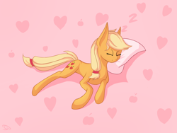 Size: 4000x3000 | Tagged: safe, artist:stravy_vox, imported from derpibooru, applejack, earth pony, pony, apple, cute, eyes closed, female, food, hatless, heart, high res, jackabetes, mare, missing accessory, onomatopoeia, pillow, pink background, simple background, sleeping, solo, sound effects, zzz