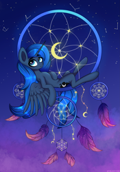 Size: 2625x3750 | Tagged: safe, artist:stravy_vox, imported from derpibooru, princess luna, alicorn, pony, cloud, cyan eyes, dreamcatcher, featured image, female, high res, horn, looking at you, mane, mare, smiling, smiling at you, solo, stars, sweet dreams fuel, tail, wings