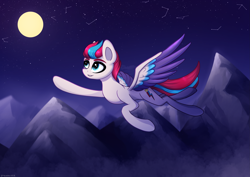 Size: 3721x2631 | Tagged: safe, artist:stravy_vox, imported from derpibooru, zipp storm, pegasus, pony, spoiler:my little pony: a new generation, colored wings, constellation, female, flying, g5, grin, high res, mare, moon, mountain, multicolored wings, my little pony: a new generation, night, night sky, sky, smiling, solo, stars, wings
