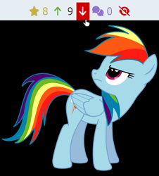 Size: 1600x1772 | Tagged: safe, artist:larsurus, edit, editor:thegamerpainter, imported from derpibooru, vector edit, rainbow dash, pegasus, pony, derpibooru, angry, breaking the fourth wall, downvote bait, female, folded wings, frown, full body, hooves, looking up, mare, meta, mouse cursor, she knows, solo, standing, tail, unamused, vector, wings