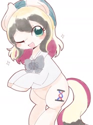 Size: 1494x2007 | Tagged: safe, artist:ginmaruxx, imported from derpibooru, oc, oc only, earth pony, pony, bipedal, blush sticker, blushing, bowtie, clothes, eye clipping through hair, female, hat, looking at you, mare, one eye closed, open mouth, open smile, simple background, smiling, smiling at you, solo, sparkles, white background, wink, winking at you