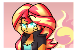 Size: 5220x3396 | Tagged: safe, artist:iceflower99, imported from derpibooru, sunset shimmer, human, equestria girls, bust, clothes, eye clipping through hair, jacket, simple background, solo, video at source, video in description