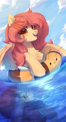 Size: 1900x3500 | Tagged: safe, artist:anku, imported from derpibooru, oc, oc only, oc:selya t'dark, bee, insect, pegasus, pony, female, floaty, inner tube, mare, red mane, solo, water