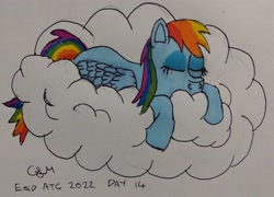 Size: 2791x2004 | Tagged: safe, artist:rapidsnap, imported from derpibooru, rainbow dash, pegasus, pony, atg 2022, cloud, female, mare, nap, newbie artist training grounds, on a cloud, simple background, sleeping, sleeping on a cloud, solo, traditional art, white background